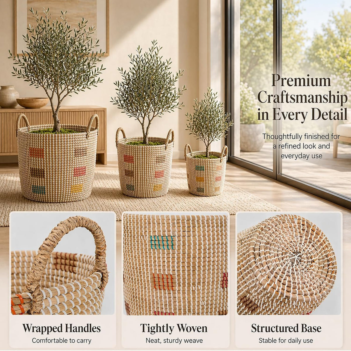 Boho Wicker Storage Basket Set of 4: Natural Woven Seagrass Laundry Hamper with Lid, Handles and Removable Liners, Decorative Laundry Baskets and Shelf Baskets for Living Room Bedroom Bathroom Nursery
