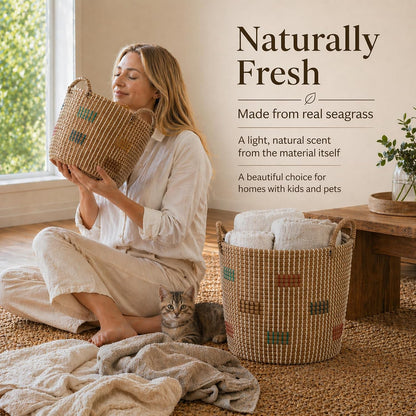 Boho Wicker Storage Basket Set of 4: Natural Woven Seagrass Laundry Hamper with Lid, Handles and Removable Liners, Decorative Laundry Baskets and Shelf Baskets for Living Room Bedroom Bathroom Nursery