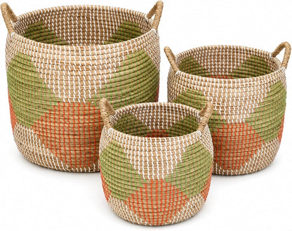 Boho Wicker Storage Basket Set of 4: Natural Woven Seagrass Laundry Hamper with Lid, Handles and Removable Liners, Decorative Laundry Baskets and Shelf Baskets for Living Room Bedroom Bathroom Nursery