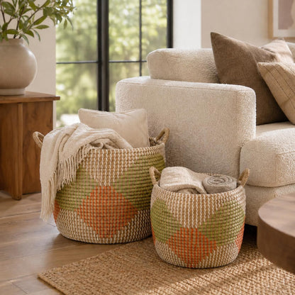 Boho Wicker Storage Basket Set of 4: Natural Woven Seagrass Laundry Hamper with Lid, Handles and Removable Liners, Decorative Laundry Baskets and Shelf Baskets for Living Room Bedroom Bathroom Nursery