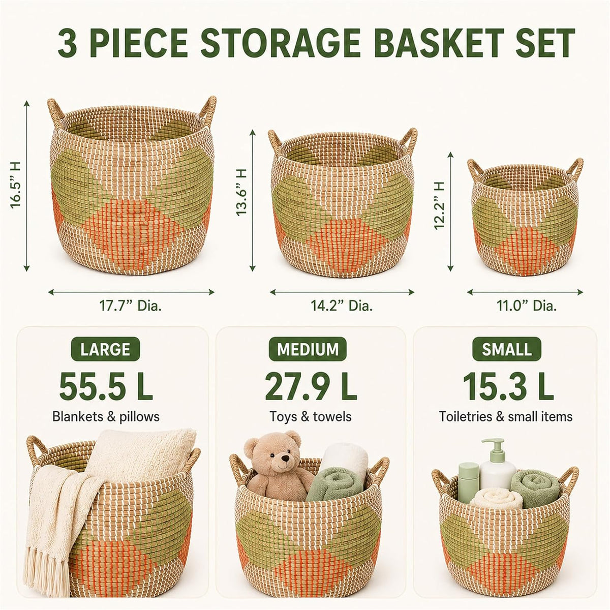 Boho Wicker Storage Basket Set of 4: Natural Woven Seagrass Laundry Hamper with Lid, Handles and Removable Liners, Decorative Laundry Baskets and Shelf Baskets for Living Room Bedroom Bathroom Nursery