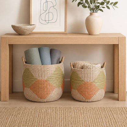 Boho Wicker Storage Basket Set of 4: Natural Woven Seagrass Laundry Hamper with Lid, Handles and Removable Liners, Decorative Laundry Baskets and Shelf Baskets for Living Room Bedroom Bathroom Nursery