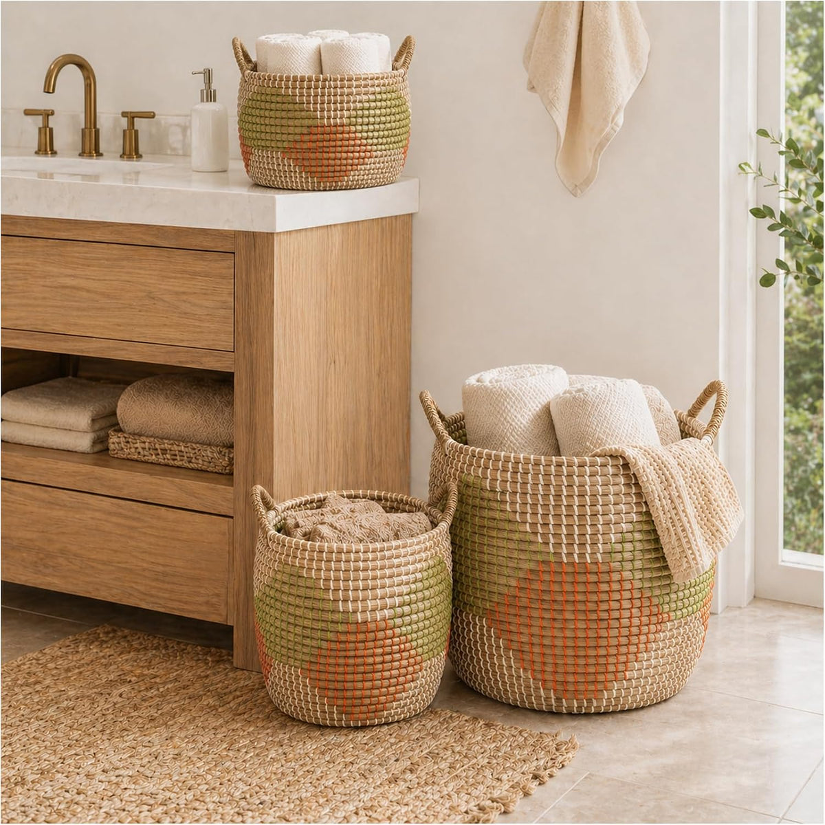 Boho Wicker Storage Basket Set of 4: Natural Woven Seagrass Laundry Hamper with Lid, Handles and Removable Liners, Decorative Laundry Baskets and Shelf Baskets for Living Room Bedroom Bathroom Nursery