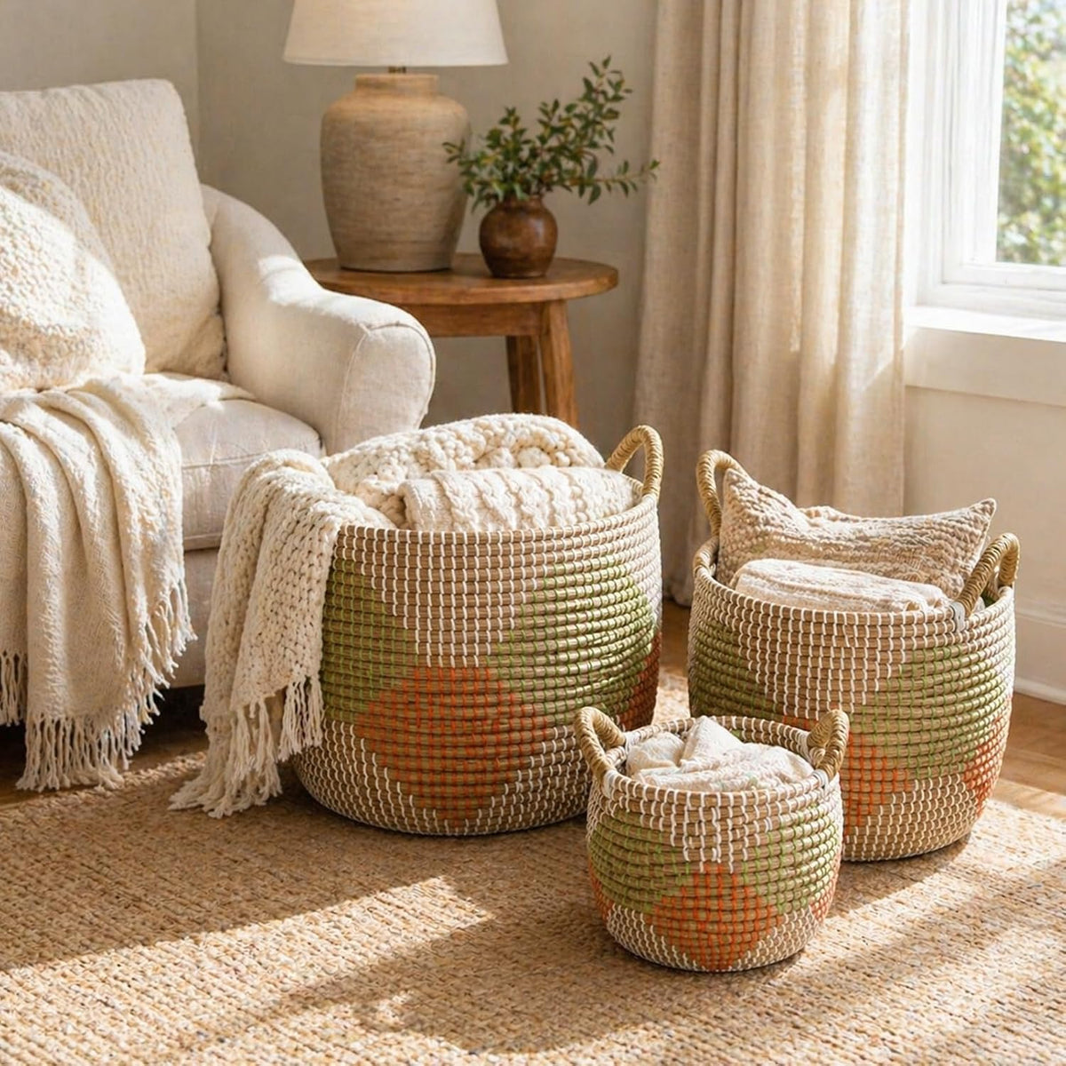 Boho Wicker Storage Basket Set of 4: Natural Woven Seagrass Laundry Hamper with Lid, Handles and Removable Liners, Decorative Laundry Baskets and Shelf Baskets for Living Room Bedroom Bathroom Nursery