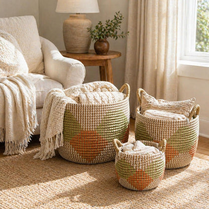 Boho Wicker Storage Basket Set of 4: Natural Woven Seagrass Laundry Hamper with Lid, Handles and Removable Liners, Decorative Laundry Baskets and Shelf Baskets for Living Room Bedroom Bathroom Nursery