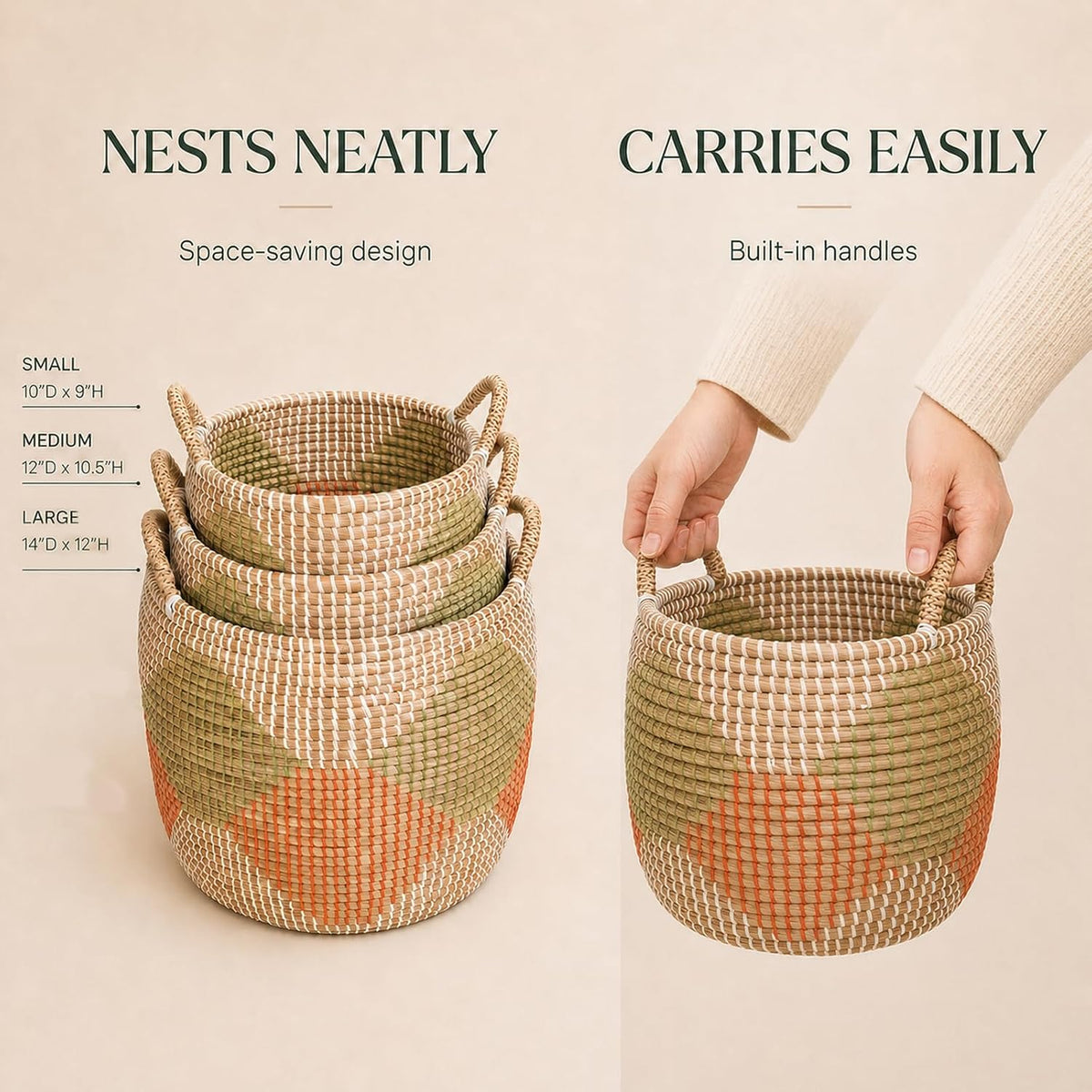 Boho Wicker Storage Basket Set of 4: Natural Woven Seagrass Laundry Hamper with Lid, Handles and Removable Liners, Decorative Laundry Baskets and Shelf Baskets for Living Room Bedroom Bathroom Nursery