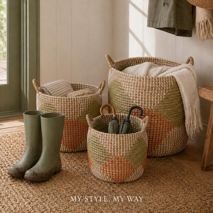 Boho Wicker Storage Basket Set of 4: Natural Woven Seagrass Laundry Hamper with Lid, Handles and Removable Liners, Decorative Laundry Baskets and Shelf Baskets for Living Room Bedroom Bathroom Nursery