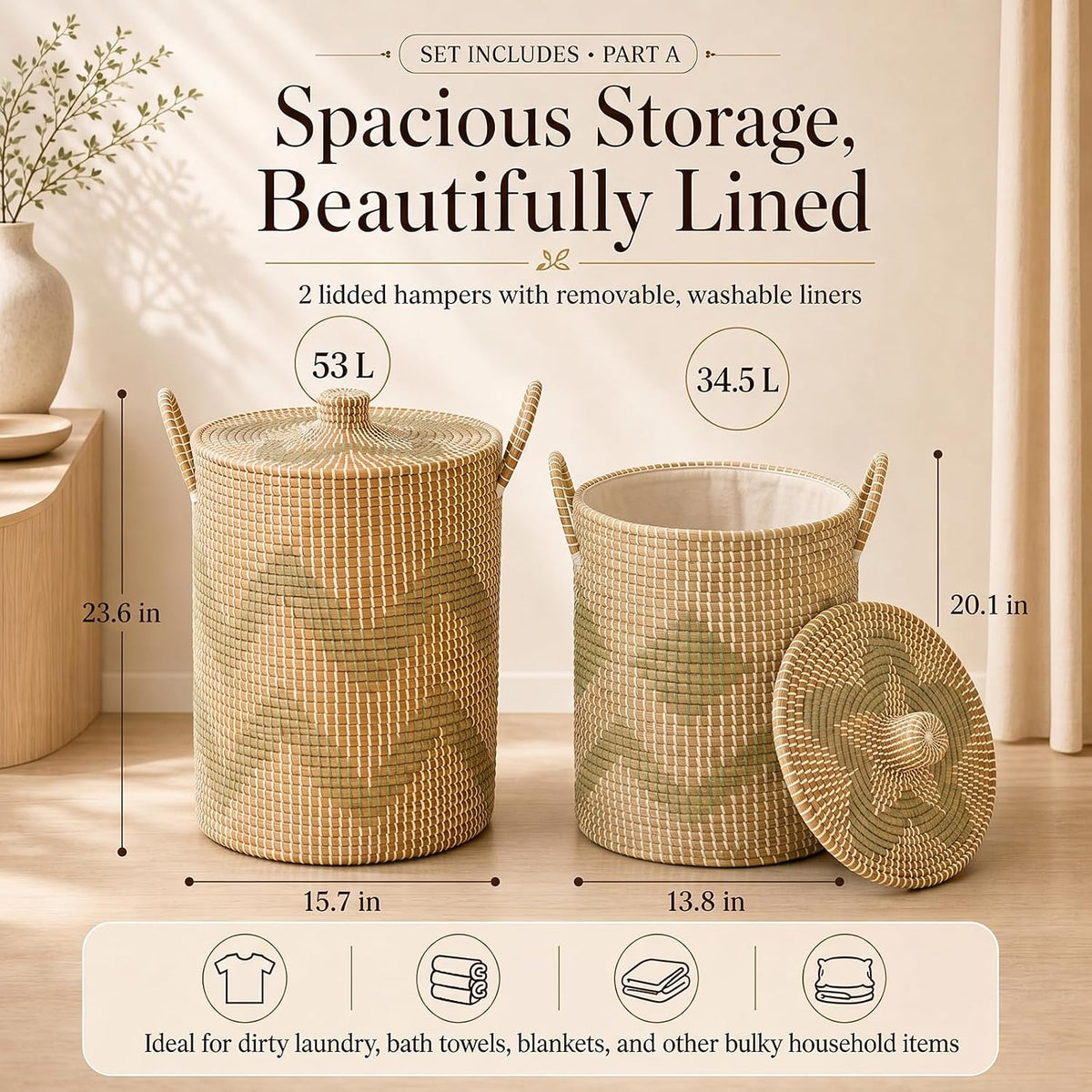 Boho Wicker Storage Basket Set of 4: Natural Woven Seagrass Laundry Hamper with Lid, Handles and Removable Liners, Decorative Laundry Baskets and Shelf Baskets for Living Room Bedroom Bathroom Nursery