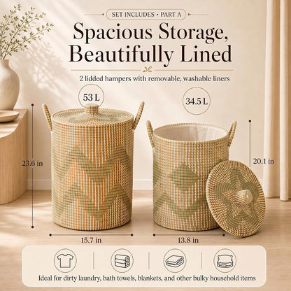 Boho Wicker Storage Basket Set of 4: Natural Woven Seagrass Laundry Hamper with Lid, Handles and Removable Liners, Decorative Laundry Baskets and Shelf Baskets for Living Room Bedroom Bathroom Nursery