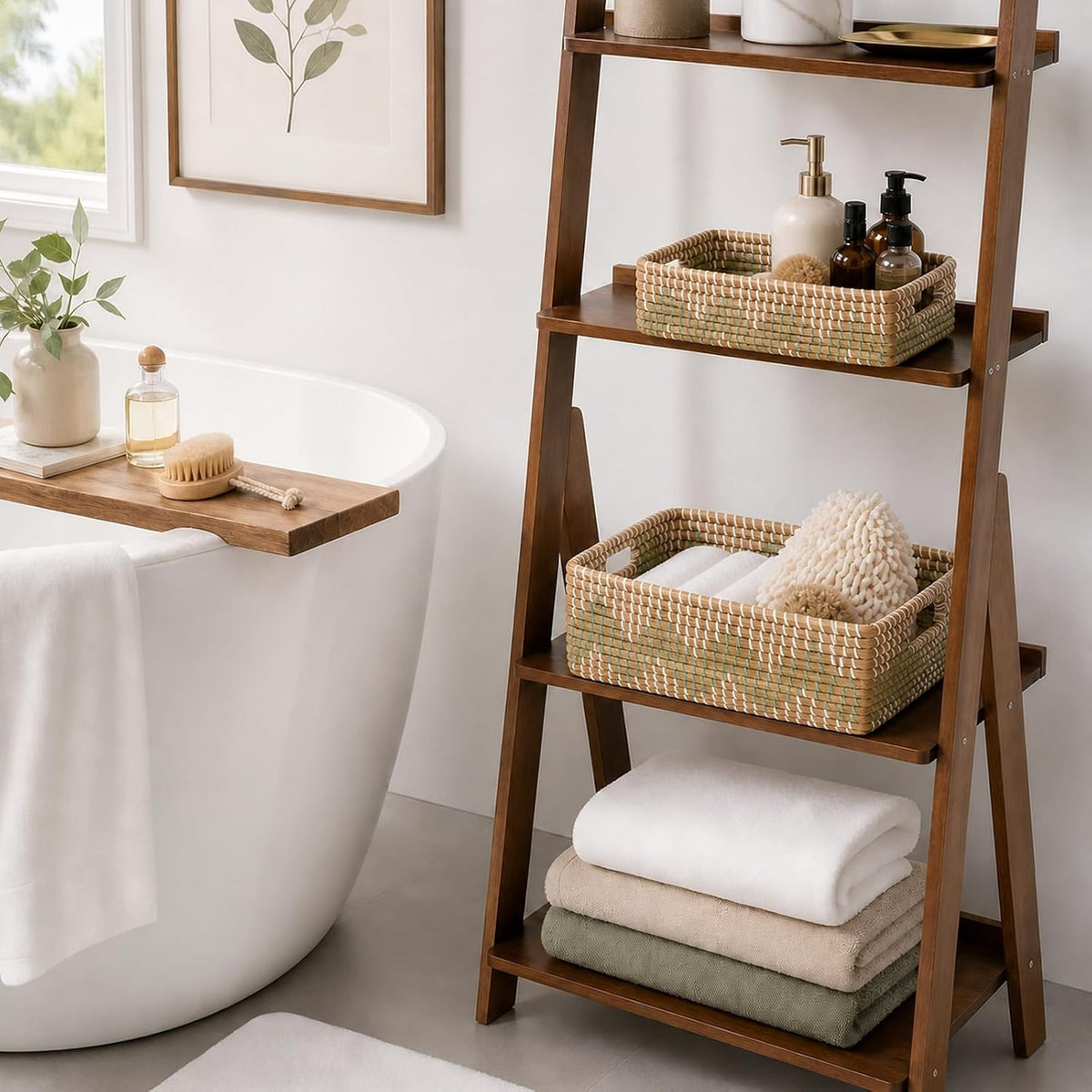 Boho Wicker Storage Basket Set of 4: Natural Woven Seagrass Laundry Hamper with Lid, Handles and Removable Liners, Decorative Laundry Baskets and Shelf Baskets for Living Room Bedroom Bathroom Nursery