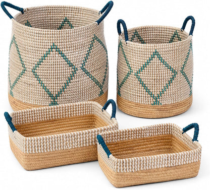 Boho Wicker Storage Basket Set of 4: Natural Woven Seagrass Laundry Hamper with Lid, Handles and Removable Liners, Decorative Laundry Baskets and Shelf Baskets for Living Room Bedroom Bathroom Nursery