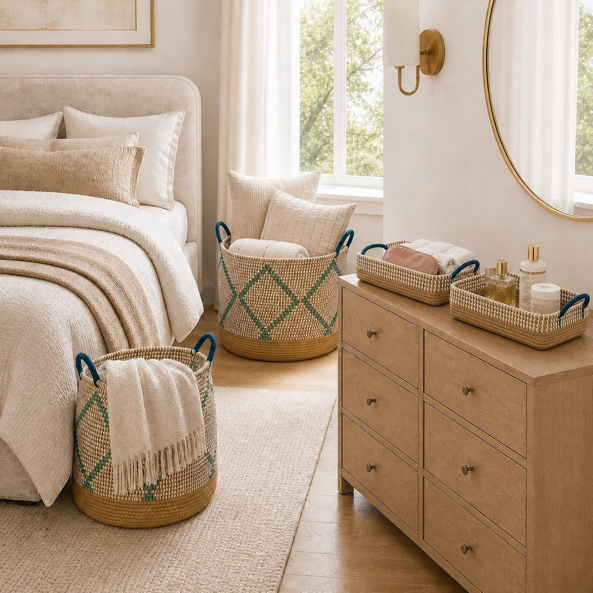 Boho Wicker Storage Basket Set of 4: Natural Woven Seagrass Laundry Hamper with Lid, Handles and Removable Liners, Decorative Laundry Baskets and Shelf Baskets for Living Room Bedroom Bathroom Nursery