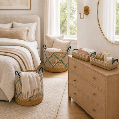 Boho Wicker Storage Basket Set of 4: Natural Woven Seagrass Laundry Hamper with Lid, Handles and Removable Liners, Decorative Laundry Baskets and Shelf Baskets for Living Room Bedroom Bathroom Nursery