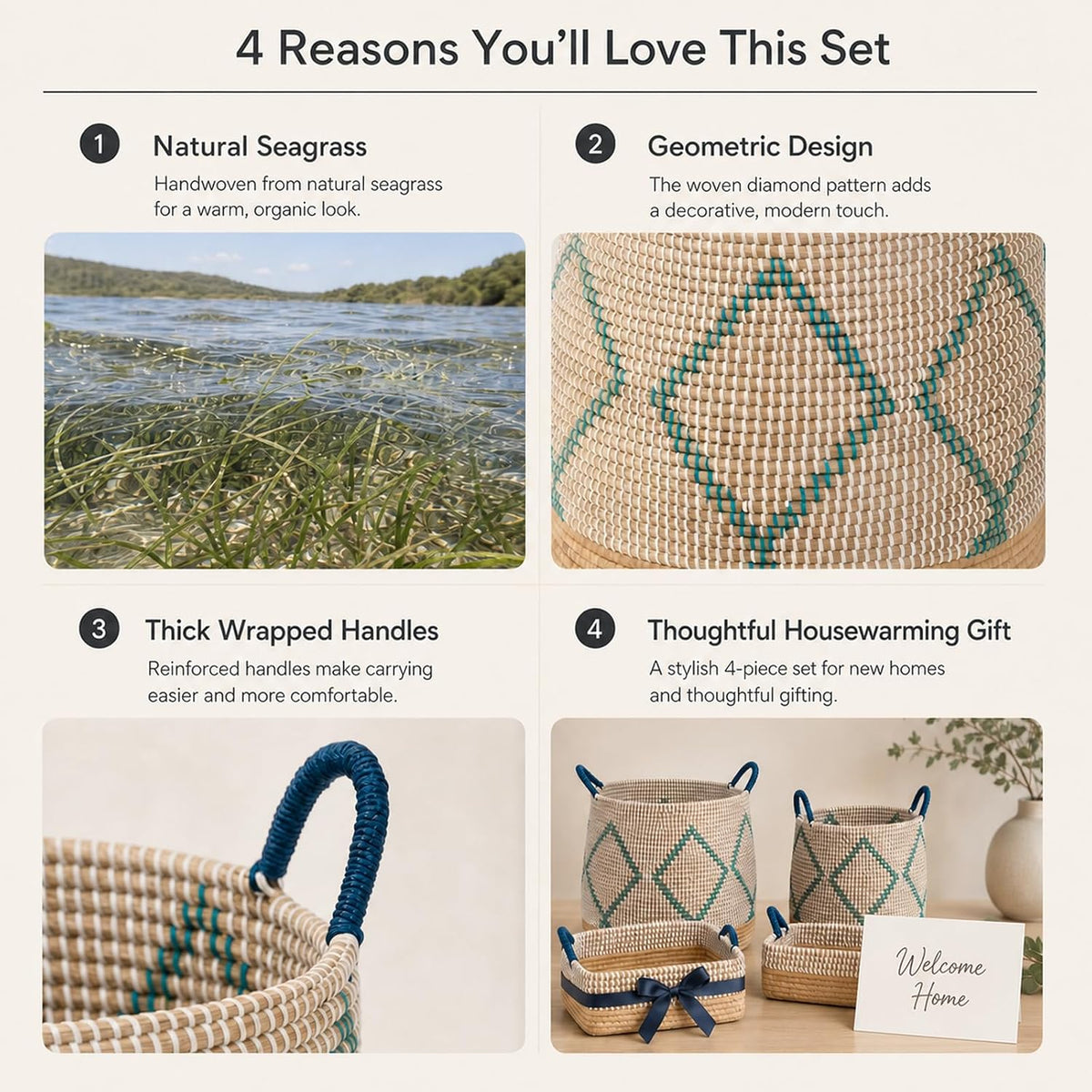 Boho Wicker Storage Basket Set of 4: Natural Woven Seagrass Laundry Hamper with Lid, Handles and Removable Liners, Decorative Laundry Baskets and Shelf Baskets for Living Room Bedroom Bathroom Nursery