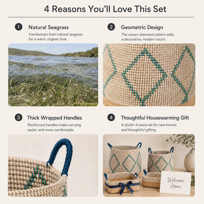 Boho Wicker Storage Basket Set of 4: Natural Woven Seagrass Laundry Hamper with Lid, Handles and Removable Liners, Decorative Laundry Baskets and Shelf Baskets for Living Room Bedroom Bathroom Nursery