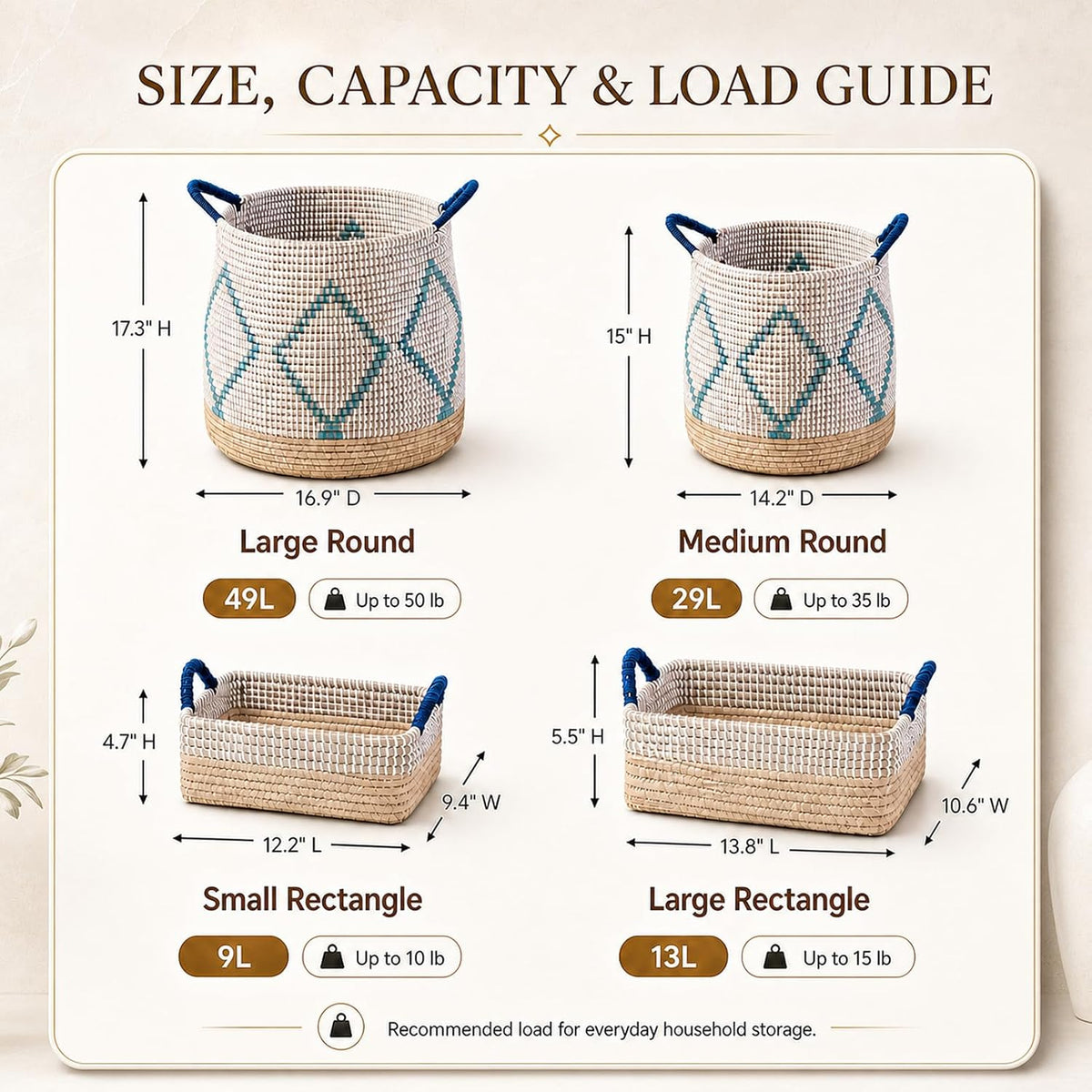 Boho Wicker Storage Basket Set of 4: Natural Woven Seagrass Laundry Hamper with Lid, Handles and Removable Liners, Decorative Laundry Baskets and Shelf Baskets for Living Room Bedroom Bathroom Nursery