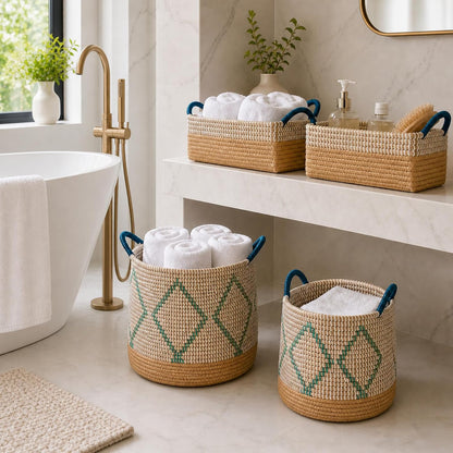 Boho Wicker Storage Basket Set of 4: Natural Woven Seagrass Laundry Hamper with Lid, Handles and Removable Liners, Decorative Laundry Baskets and Shelf Baskets for Living Room Bedroom Bathroom Nursery