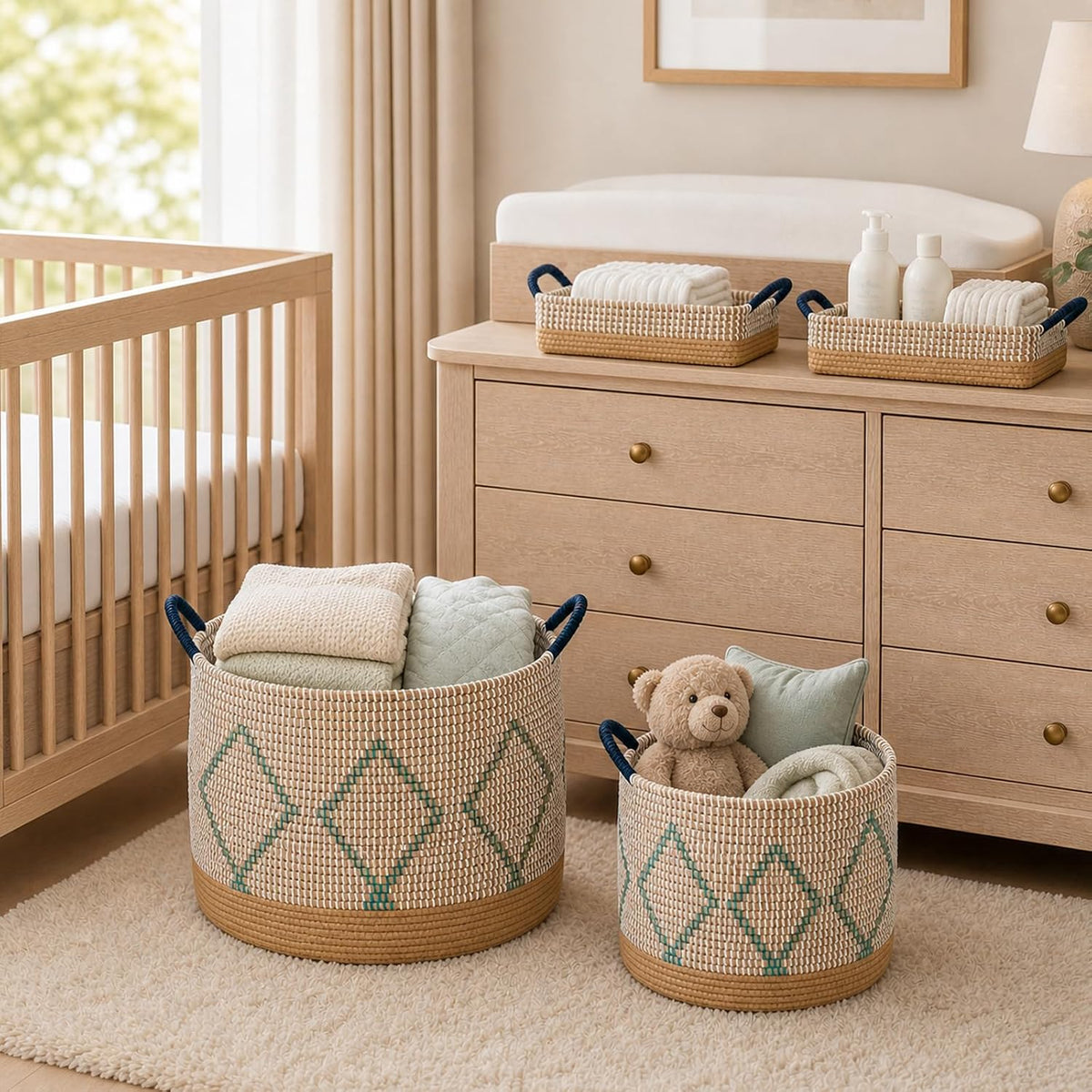 Boho Wicker Storage Basket Set of 4: Natural Woven Seagrass Laundry Hamper with Lid, Handles and Removable Liners, Decorative Laundry Baskets and Shelf Baskets for Living Room Bedroom Bathroom Nursery