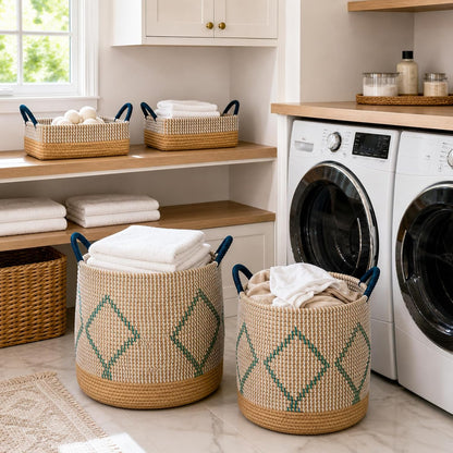 Boho Wicker Storage Basket Set of 4: Natural Woven Seagrass Laundry Hamper with Lid, Handles and Removable Liners, Decorative Laundry Baskets and Shelf Baskets for Living Room Bedroom Bathroom Nursery