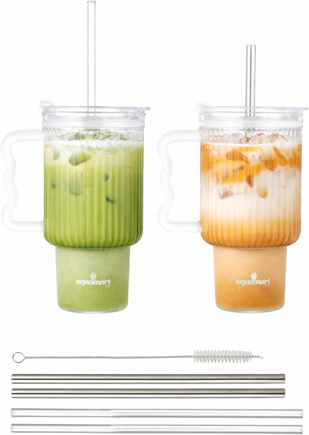 Ribbed Glass Tumbler with Lid and Straws 20oz – Set of 2 Borosilicate Glass Tumblers with Handle, Lids, and Straws – Iced Coffee Glass Cups, Glass Travel Cup, Hot & Cold Drinks