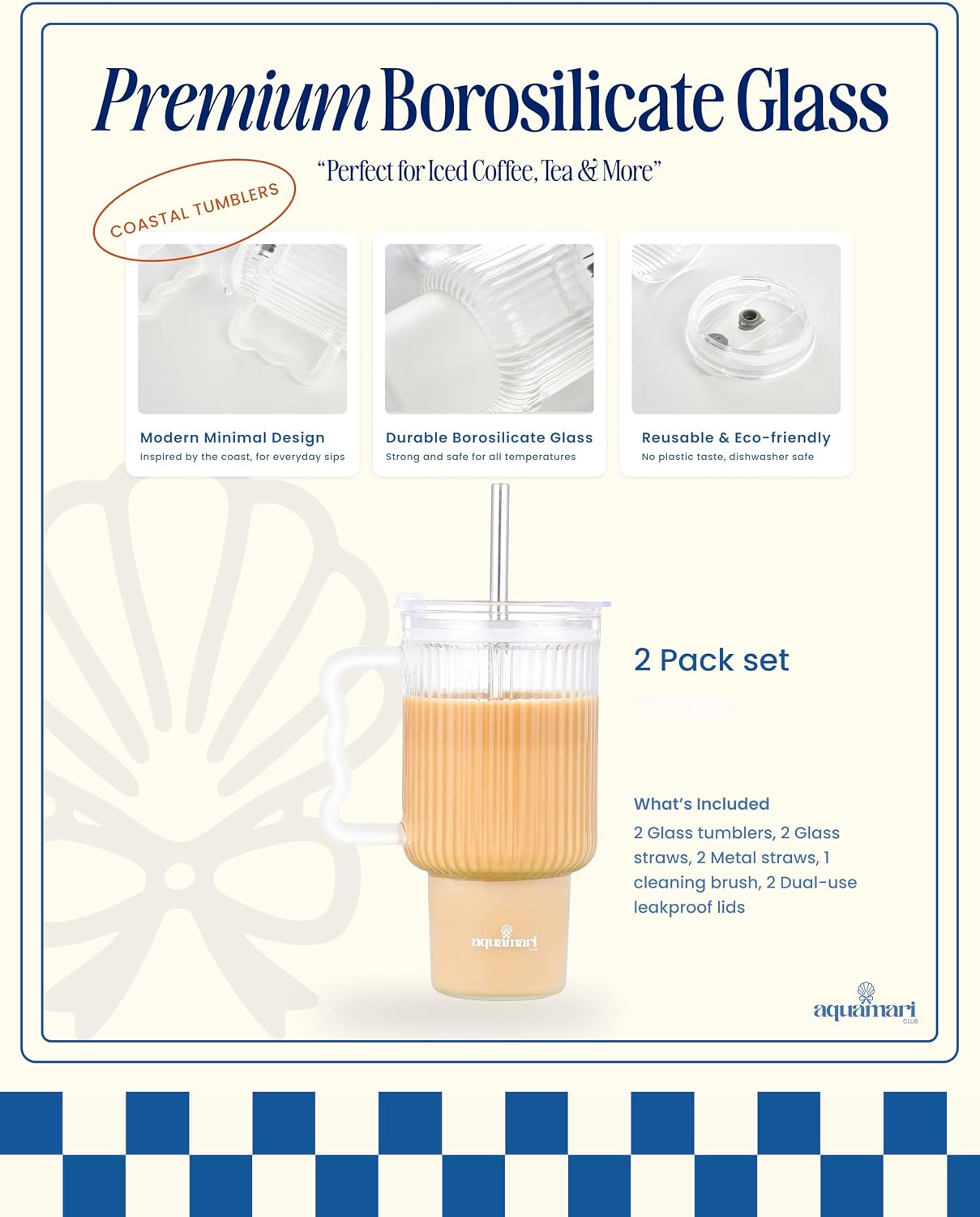 Ribbed Glass Tumbler with Lid and Straws 20oz – Set of 2 Borosilicate Glass Tumblers with Handle, Lids, and Straws – Iced Coffee Glass Cups, Glass Travel Cup, Hot & Cold Drinks