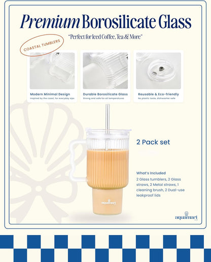 Ribbed Glass Tumbler with Lid and Straws 20oz – Set of 2 Borosilicate Glass Tumblers with Handle, Lids, and Straws – Iced Coffee Glass Cups, Glass Travel Cup, Hot & Cold Drinks