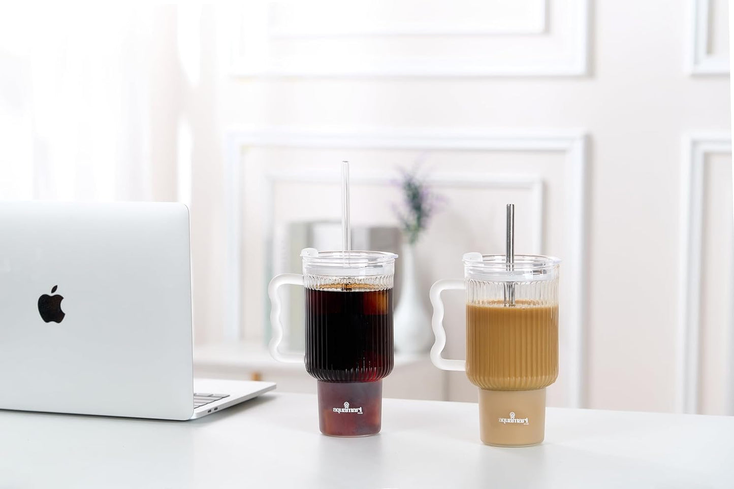 Ribbed Glass Tumbler with Lid and Straws 20oz – Set of 2 Borosilicate Glass Tumblers with Handle, Lids, and Straws – Iced Coffee Glass Cups, Glass Travel Cup, Hot & Cold Drinks