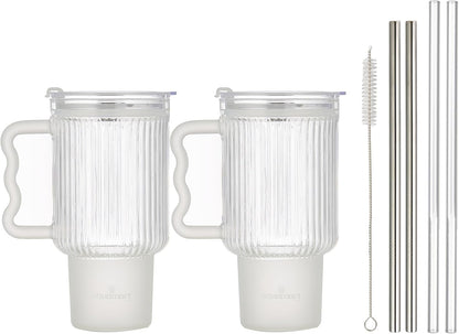 Ribbed Glass Tumbler with Lid and Straws 20oz – Set of 2 Borosilicate Glass Tumblers with Handle, Lids, and Straws – Iced Coffee Glass Cups, Glass Travel Cup, Hot & Cold Drinks