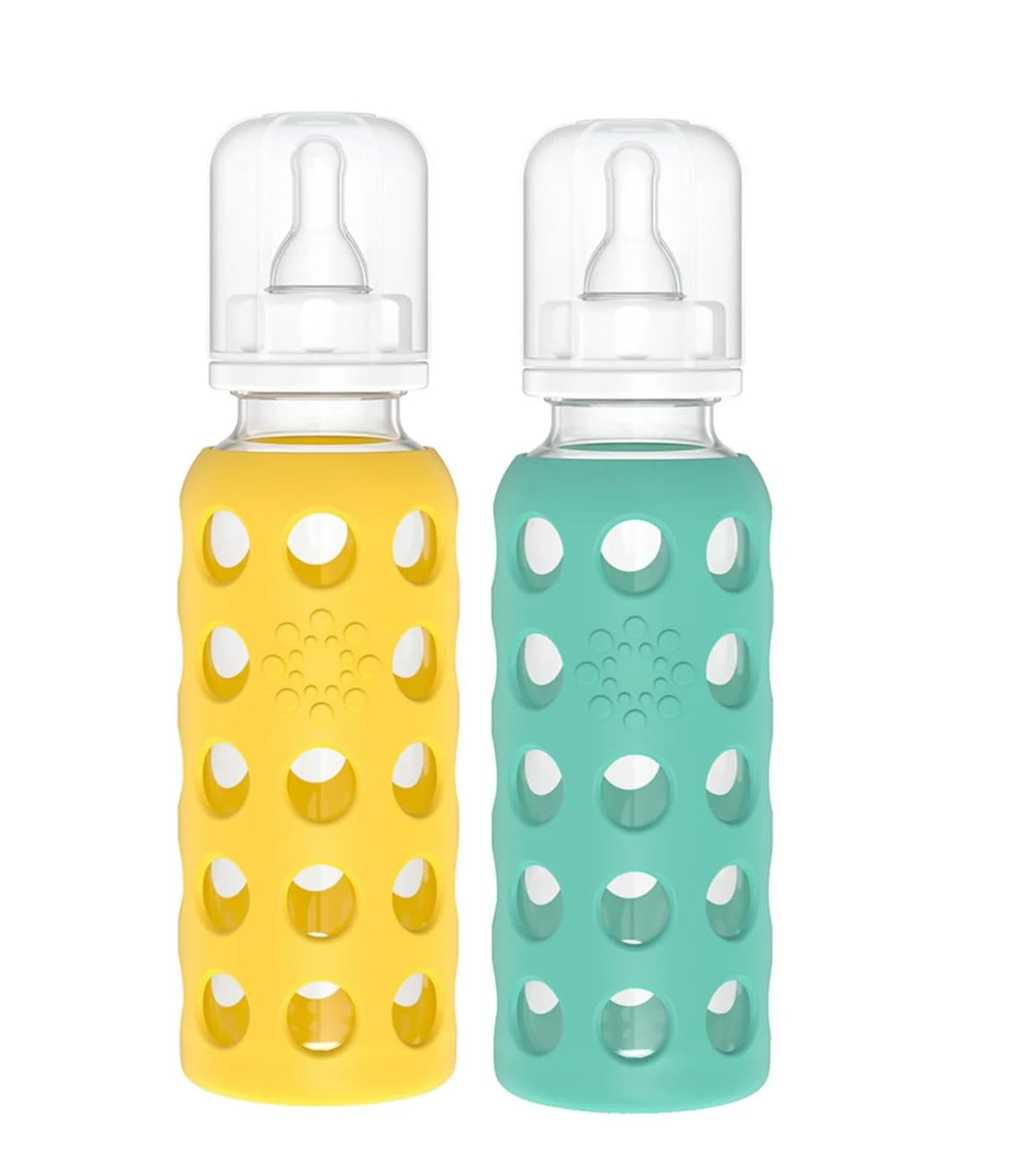 Glass Baby Bottle BPA Free | Protective Silicone Sleeve | 9 oz Pack of 2 | Mango, Kale - Colors B