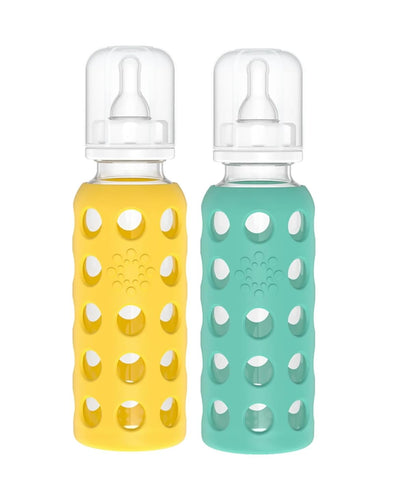 Glass Baby Bottle BPA Free | Protective Silicone Sleeve | 9 oz Pack of 2 | Mango, Kale - Colors B