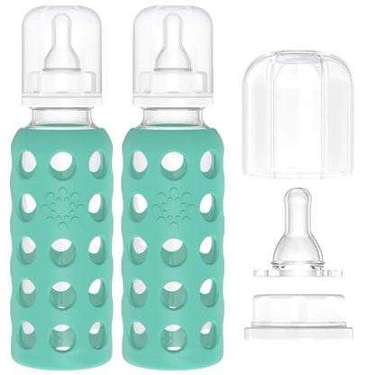 Glass Baby Bottle BPA Free | Protective Silicone Sleeve | 9 oz Pack of 2 | Mango, Kale - Colors B