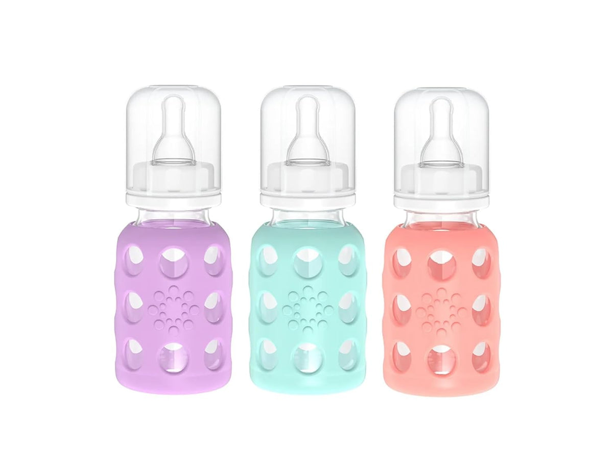 Glass Baby Bottle BPA Free | Protective Silicone Sleeve | 9 oz Pack of 2 | Mango, Kale - Colors B