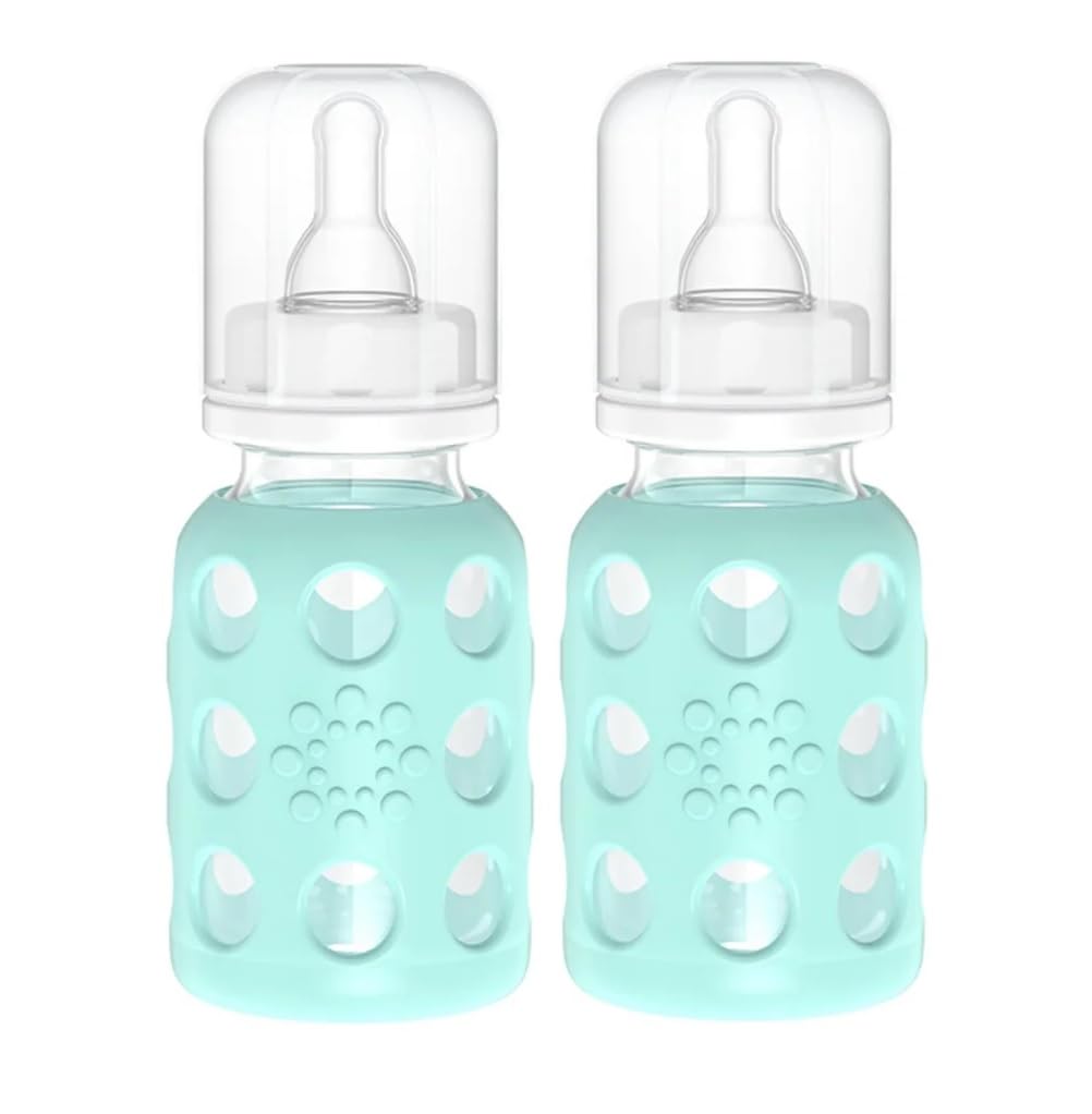 Glass Baby Bottle BPA Free | Protective Silicone Sleeve | 9 oz Pack of 2 | Mango, Kale - Colors B