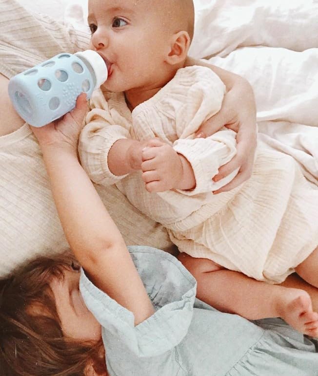 Glass Baby Bottle BPA Free | Protective Silicone Sleeve | 9 oz Pack of 2 | Mango, Kale - Colors B
