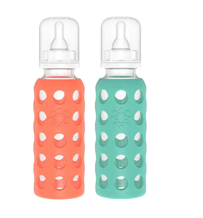 Glass Baby Bottle BPA Free | Protective Silicone Sleeve | 9 oz Pack of 2 | Mango, Kale - Colors B