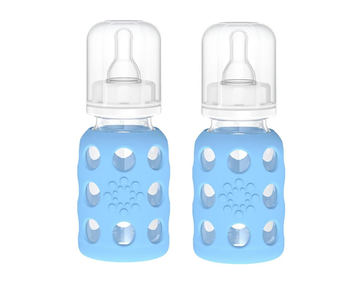 Glass Baby Bottle BPA Free | Protective Silicone Sleeve | 9 oz Pack of 2 | Mango, Kale - Colors B