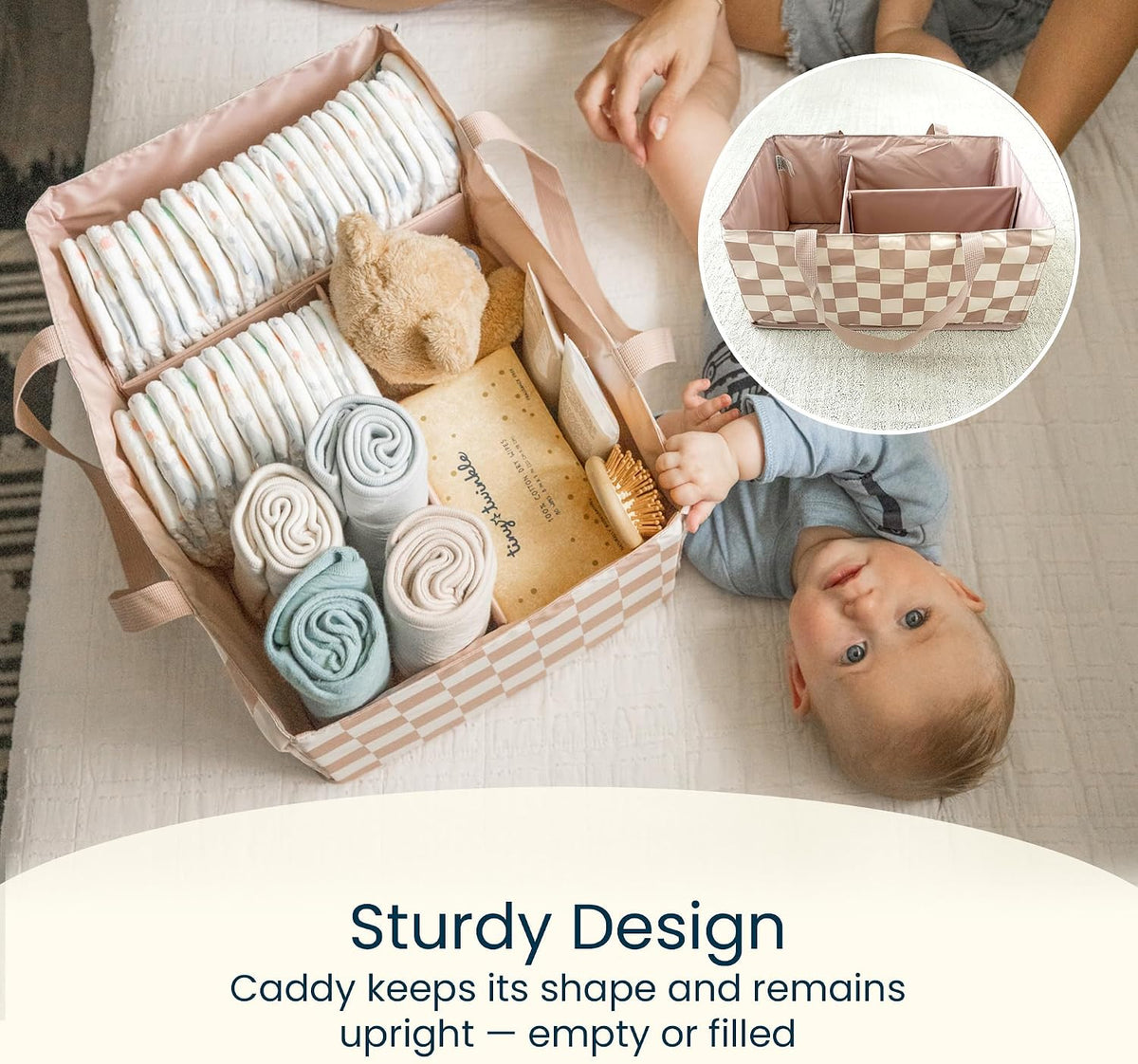 Diaper Caddy Organizer – Foldable Baby Storage Basket with Removable Divider | Waterproof & Mess-Proof Fabric, Portable Nursery Organizer for Newborn Essentials(Toile)