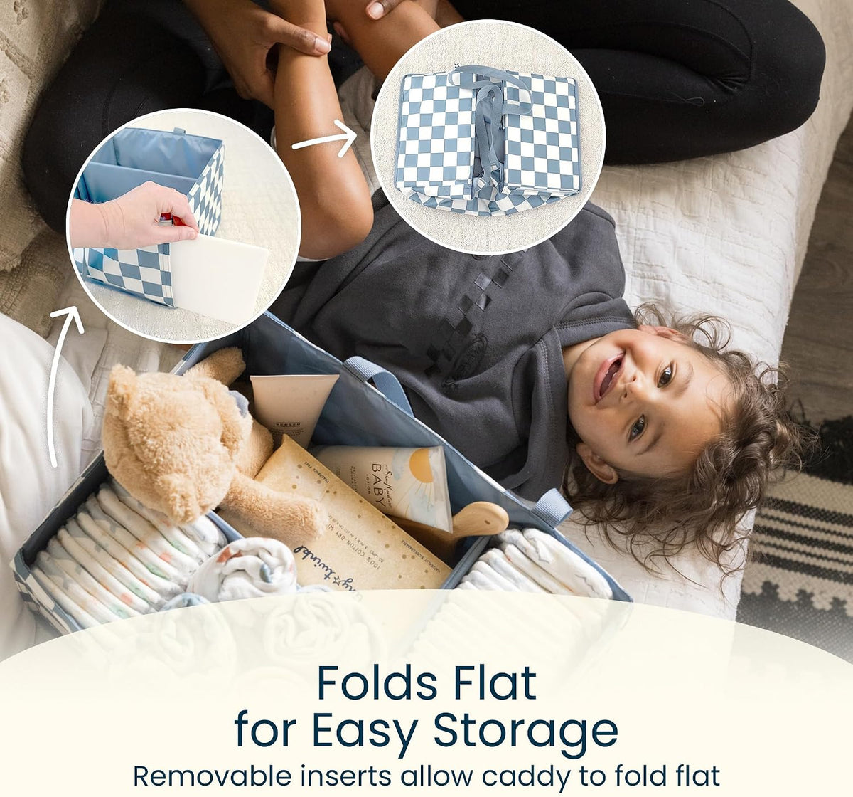 Diaper Caddy Organizer – Foldable Baby Storage Basket with Removable Divider | Waterproof & Mess-Proof Fabric, Portable Nursery Organizer for Newborn Essentials(Toile)