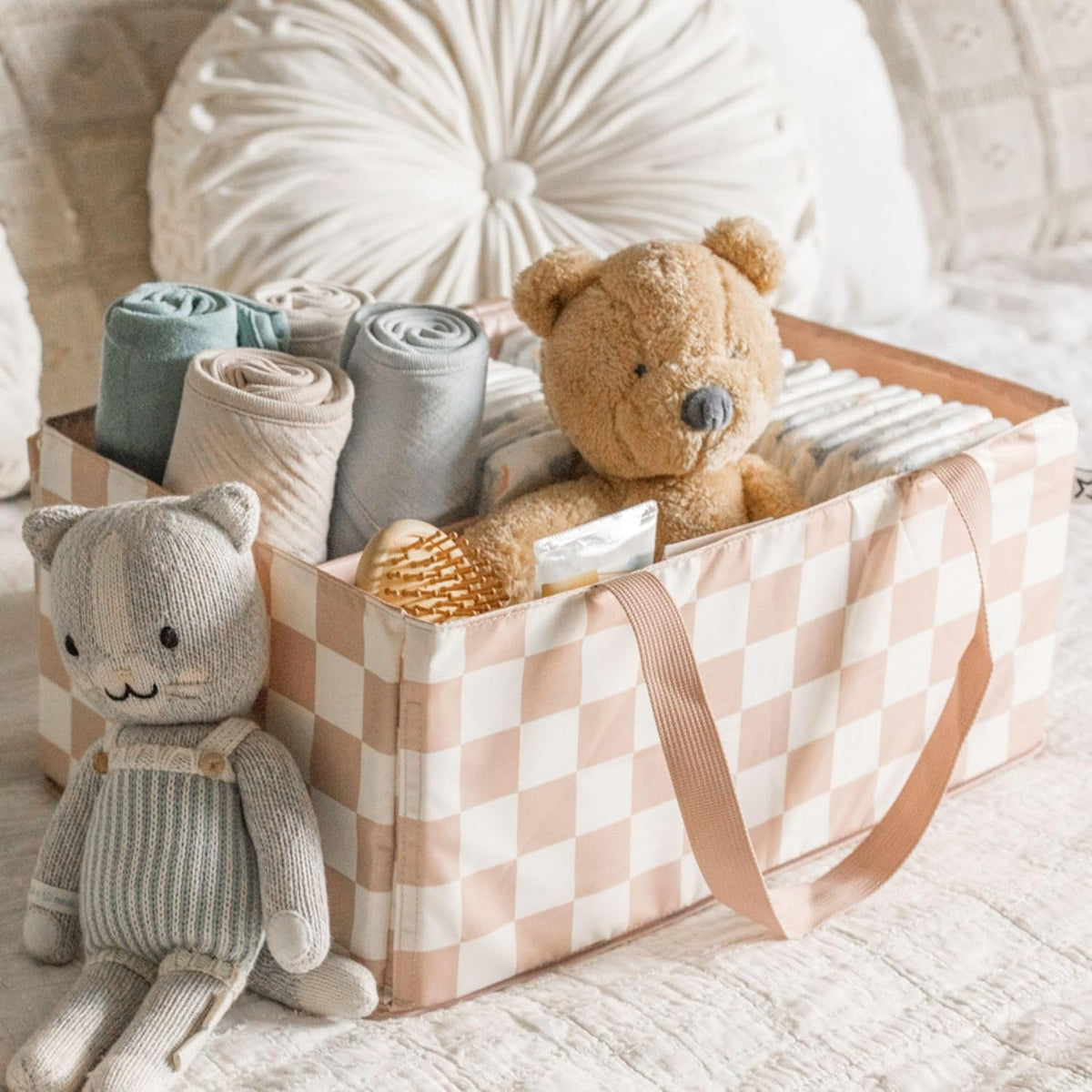 Diaper Caddy Organizer – Foldable Baby Storage Basket with Removable Divider | Waterproof & Mess-Proof Fabric, Portable Nursery Organizer for Newborn Essentials(Toile)