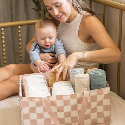 Diaper Caddy Organizer – Foldable Baby Storage Basket with Removable Divider | Waterproof & Mess-Proof Fabric, Portable Nursery Organizer for Newborn Essentials(Toile)