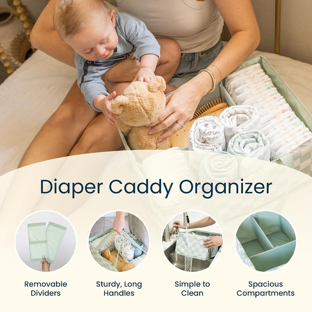 Diaper Caddy Organizer – Foldable Baby Storage Basket with Removable Divider | Waterproof & Mess-Proof Fabric, Portable Nursery Organizer for Newborn Essentials(Toile)