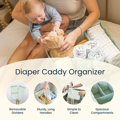 Diaper Caddy Organizer – Foldable Baby Storage Basket with Removable Divider | Waterproof & Mess-Proof Fabric, Portable Nursery Organizer for Newborn Essentials(Toile)
