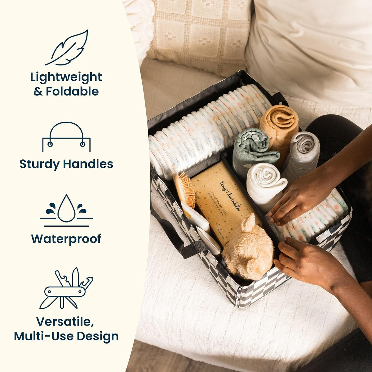 Diaper Caddy Organizer – Foldable Baby Storage Basket with Removable Divider | Waterproof & Mess-Proof Fabric, Portable Nursery Organizer for Newborn Essentials(Toile)