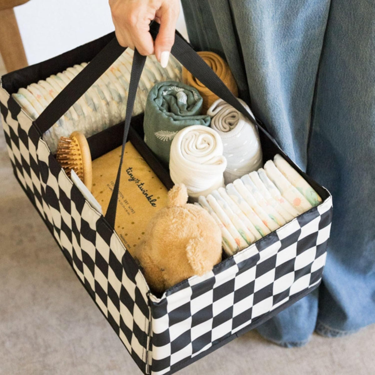 Diaper Caddy Organizer – Foldable Baby Storage Basket with Removable Divider | Waterproof & Mess-Proof Fabric, Portable Nursery Organizer for Newborn Essentials(Toile)