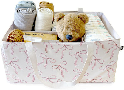 Diaper Caddy Organizer – Foldable Baby Storage Basket with Removable Divider | Waterproof & Mess-Proof Fabric, Portable Nursery Organizer for Newborn Essentials(Toile)