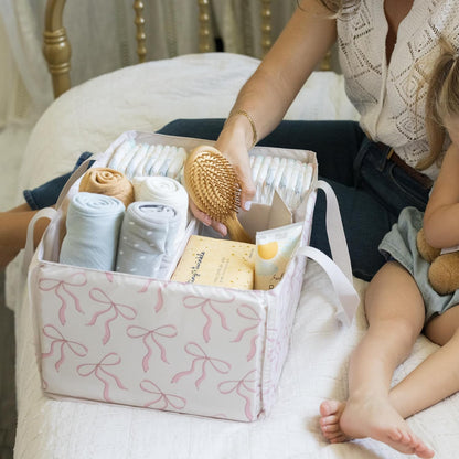 Diaper Caddy Organizer – Foldable Baby Storage Basket with Removable Divider | Waterproof & Mess-Proof Fabric, Portable Nursery Organizer for Newborn Essentials(Toile)