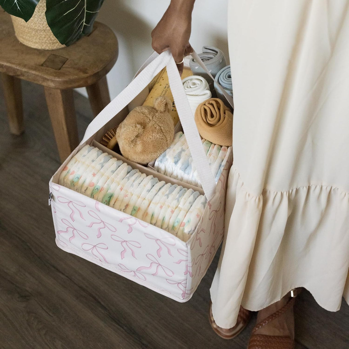 Diaper Caddy Organizer – Foldable Baby Storage Basket with Removable Divider | Waterproof & Mess-Proof Fabric, Portable Nursery Organizer for Newborn Essentials(Toile)