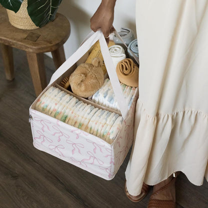 Diaper Caddy Organizer – Foldable Baby Storage Basket with Removable Divider | Waterproof & Mess-Proof Fabric, Portable Nursery Organizer for Newborn Essentials(Toile)