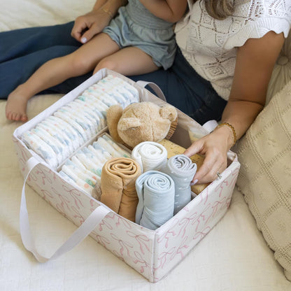 Diaper Caddy Organizer – Foldable Baby Storage Basket with Removable Divider | Waterproof & Mess-Proof Fabric, Portable Nursery Organizer for Newborn Essentials(Toile)