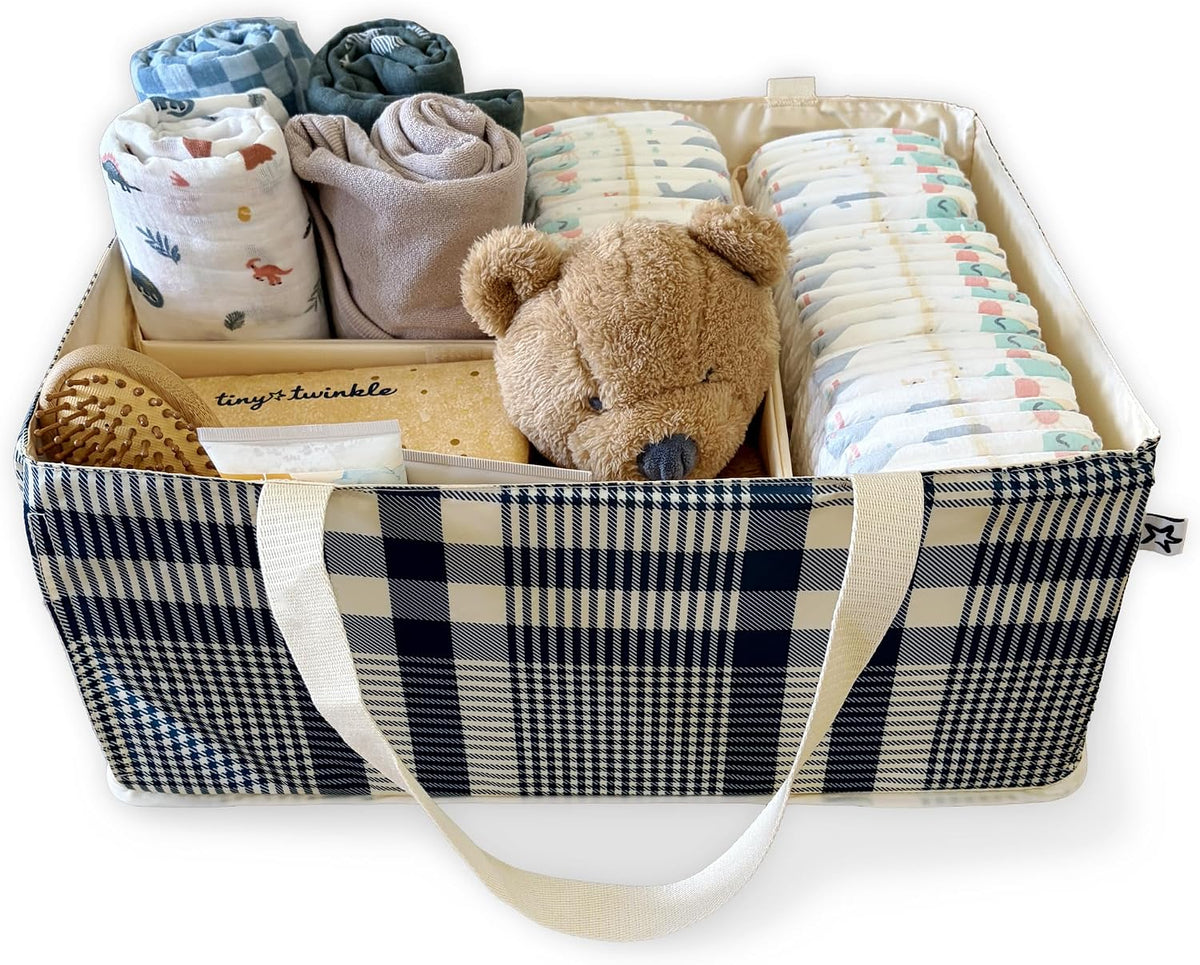 Diaper Caddy Organizer – Foldable Baby Storage Basket with Removable Divider | Waterproof & Mess-Proof Fabric, Portable Nursery Organizer for Newborn Essentials(Toile)